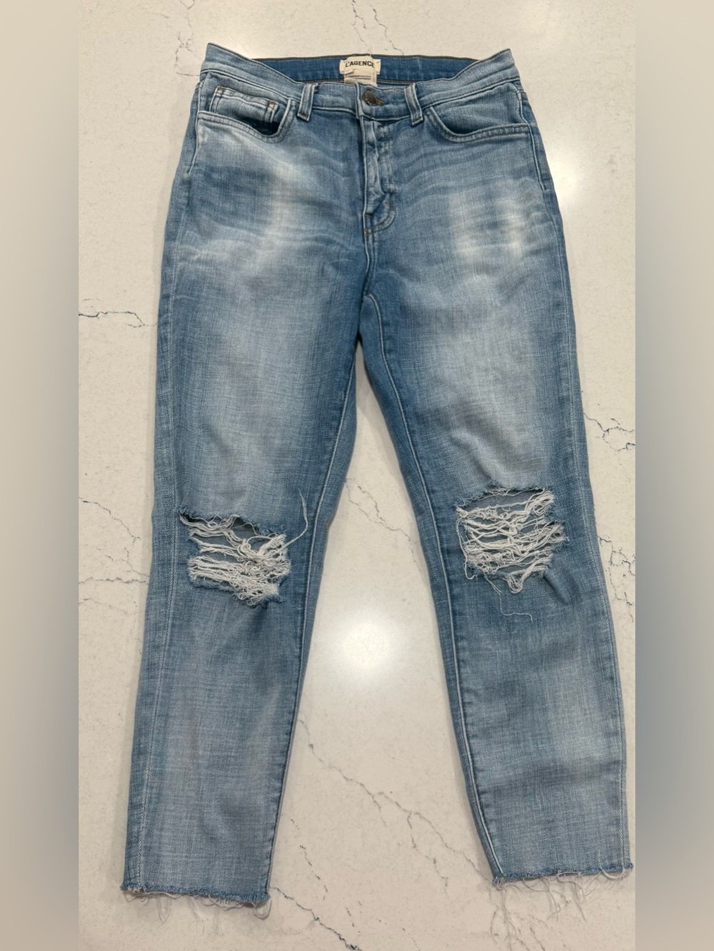 L'AGENCE Skinny & Slim Jeans – Distressed Stretch Medium Wash Women’s 27 Raw Hem